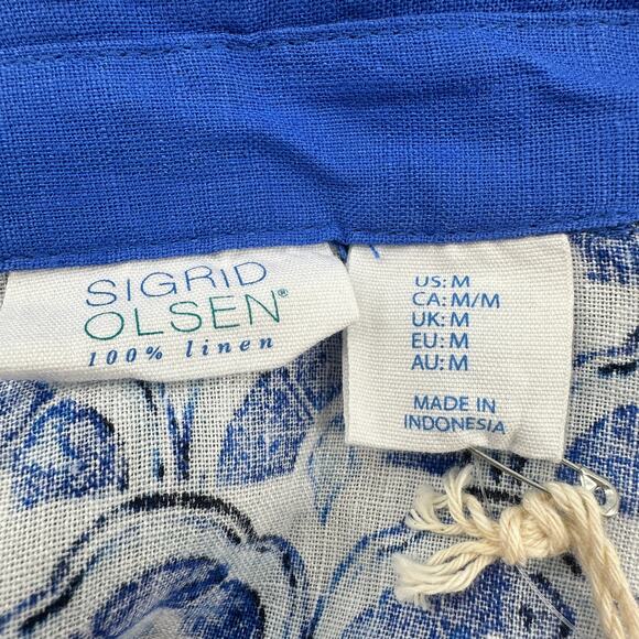 Sigrid Olsen Popover Linen Shirt Womens M Royal Blue Floral Collared 3/4 Sleeve - Picture 11 of 11